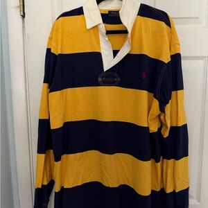 Ralph Lauren Men's Yellow and Navy Striped Long Sleeve Shirt